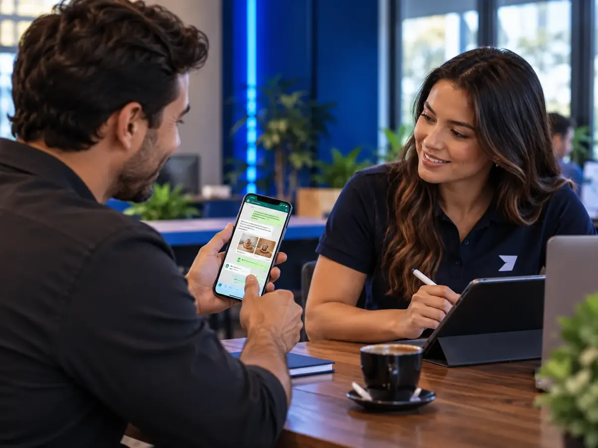 Atendente da SendADS conversa com um cliente que mostra o WhatsApp no celular