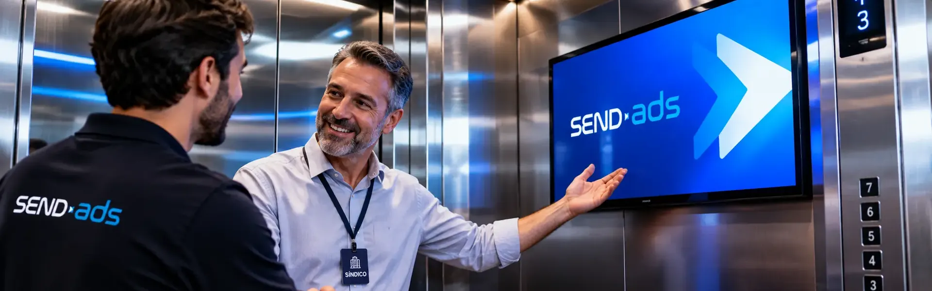 Síndico aperta a mão de um consultor da SendADS dentro do elevador, apontando para a tela instalada